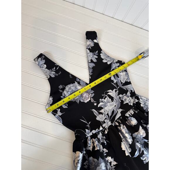 Aqua Black Jacquard Floral V-Neck Mini Dress Fit & Flare Cocktail Chic Size S - Picture 3 of 4